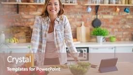  Presentation with cooking equipment kitchen utensils - Theme consisting of cheerful woman cooking on modern background and a coral colored foreground