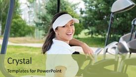  Presentation with golf - Presentation theme featuring cheerful woman driving golf car background and a yellow colored foreground