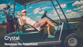  Presentation with golf - Slides with cheerful woman driving golf car background and a ocean colored foreground