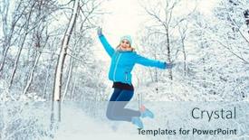  Presentation with winter sports - Presentation theme featuring cheerful-woman-in-sports-clothing background and a sky blue colored foreground
