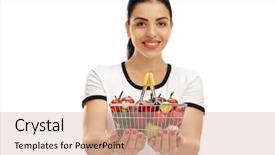  Presentation with woman pushing shopping trolley - PPT theme enhanced with cheerful woman offering a small shopping basket full of fruits and vegetables isolated on white background background and a soft green colored foreground