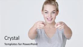  Presentation with points - Slide deck having cheerful woman points to somebody background and a  colored foreground