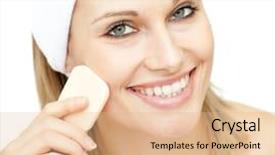  Presentation with foundation - Presentation having cheerful woman putting foundation cream background and a  colored foreground