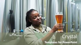  Presentation with brewery - PPT theme featuring cheerful-woman-showing-beer-produced background and a gray colored foreground