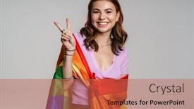 Presentation with rainbow flag - Beautiful slide deck featuring cheerful-woman-showing-peace-sign backdrop and a coral colored foreground