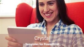  Presentation with smartphone app - Colorful PPT layouts enhanced with cheerful woman using interesting app on her smartphone at home backdrop and a coral colored foreground