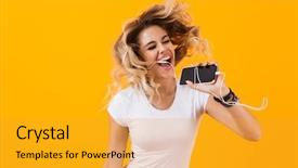  Presentation with cheerful - Presentation design featuring image of cheerful woman wearing earphones singing while holding cell phone as microphone isolated over yellow background background and a gold colored foreground