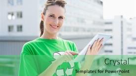  Presentation with recycling - Colorful presentation theme enhanced with cheerful woman wearing recycling tshirt using tablet outside backdrop and a seafoam green colored foreground