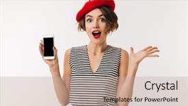  Presentation with white cells - PPT theme enhanced with cheerful woman wearing red background and a mint green colored foreground