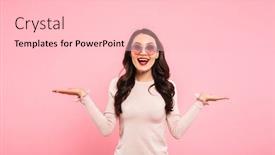  Presentation with advertising - Amazing PPT theme having cheerful woman wearing round sunglasses smiling and advertising product or text while holding copy space on her palms isolated over pink background backdrop and a lemonade colored foreground