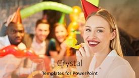  Presentation with trumpet - Slides with cheerful-woman-with-a-trumpet background and a coral colored foreground