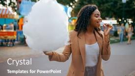 Presentation with amusement park - Colorful slide deck enhanced with cheerful-woman-with-cotton-candy backdrop and a violet colored foreground