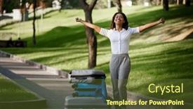  Presentation with suitcase - Cool new PPT layouts with cheerful-woman-with-suitcase-walking backdrop and a tawny brown colored foreground