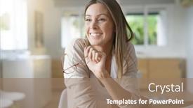  Presentation with home modiication - PPT layouts with cheerful-woman-working-from-home background and a coral colored foreground