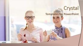  Presentation with camera - Slides having cheerful women with cups looking background and a cream colored foreground