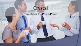  Presentation with team work - Beautiful theme featuring cheerful work team during break backdrop and a sky blue colored foreground