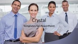  Presentation with meet the work team - Amazing presentation theme having cheerful work team posing together backdrop and a light blue colored foreground