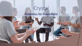  Presentation with workshop - Cool new slide deck with cheerful-workshop-participants-applauding-together backdrop and a sky blue colored foreground