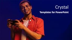  Presentation with blue neon - PPT layouts having cheerful-young-african-guy-playing background and a navy blue colored foreground