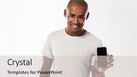  Presentation with photo display - Slide deck consisting of cheerful young african man background and a light gray colored foreground