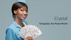  Presentation with cheerful - Amazing presentation theme having cheerful-young-african-stewardess-holding backdrop and a light gray colored foreground