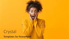  Presentation with cheerful - Amazing PPT theme having cheerful-young-african-wom-screaming backdrop and a gold colored foreground