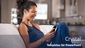  Presentation with mobile home - Colorful PPT layouts enhanced with cheerful-young-african-woman-using backdrop and a navy blue colored foreground