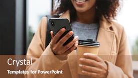  Presentation with takeaway coffee - Beautiful PPT layouts featuring cheerful young african woman wearing coat walking outdoors holding takeaway coffee cup using mobile phone backdrop and a red colored foreground