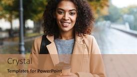  Presentation with takeaway coffee - PPT layouts having cheerful young african woman wearing coat walking outdoors holding takeaway coffee cup background and a coral colored foreground