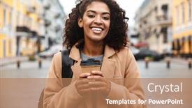  Presentation with takeaway coffee - Beautiful theme featuring cheerful young african woman wearing coat walking outdoors holding takeaway coffee cup backdrop and a coral colored foreground