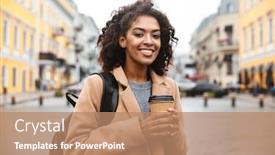  Presentation with takeaway coffee - Colorful slide deck enhanced with cheerful young african woman wearing coat walking outdoors holding takeaway coffee cup backdrop and a coral colored foreground