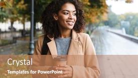  Presentation with takeaway coffee - Slides having cheerful young african woman wearing coat walking outdoors holding takeaway coffee cup background and a coral colored foreground