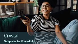  Presentation with remote - Presentation design featuring cheerful-young-african-woman-wearing background and a ocean colored foreground