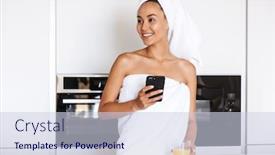  Presentation with kitchen towel - Beautiful slide deck featuring cheerful young asian woman wrapped in a shower towel using mobile phone while standing at the kitchen holding glass of juice backdrop and a lemonade colored foreground