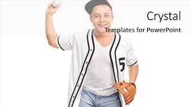  Presentation with baseball player - Presentation theme enhanced with cheerful young baseball player throwing a baseball and looking at the camera isolated on white background background and a white colored foreground