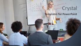  Presentation with analyses - Audience pleasing presentation theme consisting of cheerful-young-blonde-female-explaining backdrop and a light gray colored foreground