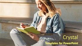  Presentation with taking notes - Presentation consisting of cheerful-young-blonde-girl-taking background and a tawny brown colored foreground