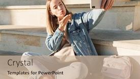  Presentation with cheerful - Presentation theme with cheerful-young-blonde-girl-taking background and a soft green colored foreground