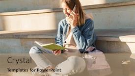  Presentation with taking notes - Presentation design having cheerful-young-blonde-girl-taking background and a coral colored foreground