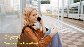  Presentation with bus station - Theme having cheerful-young-blonde-woman background and a tawny brown colored foreground