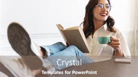  Presentation with coffee book - Colorful presentation theme enhanced with cheerful-young-brunette-woman-reading backdrop and a violet colored foreground