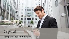  Presentation with newspaper - Colorful presentation theme enhanced with cheerful young businessman reading newspaper backdrop and a light gray colored foreground