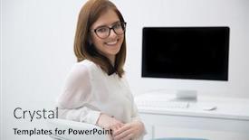  Presentation with cheerful - Colorful slides enhanced with cheerful-young-businesswoman-sitting backdrop and a light gray colored foreground