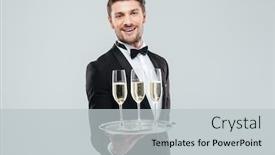  Presentation with butler - PPT theme consisting of cheerful young butler in tuxedo smiling and offering champagne over white background background and a light gray colored foreground