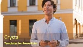  Presentation with man holding phone - Cool new slides with cheerful young casual man holding mobile phone while walking at the city street listening to music with earphones backdrop and a tawny brown colored foreground