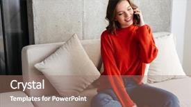  Presentation with mobile home - Amazing slide set having cheerful young casually dressed woman backdrop and a coral colored foreground