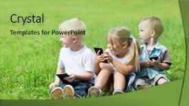  Presentation with smartphones - Cool new slides with cheerful young children using smartphones sitting on the grass in the park brothers and sister backdrop and a mint green colored foreground