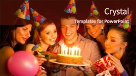  Presentation with birthday cake and candle - PPT layouts consisting of cheerful young company celebrates birthday background and a tawny brown colored foreground