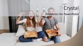  Presentation with pizza - Slide set enhanced with cheerful young couple eating pizza background and a light gray colored foreground