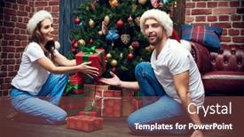  Presentation with give - Presentation design consisting of cheerful-young-couple-in-love background and a tawny brown colored foreground